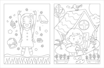 Cartoon little girl. children's world. playground. Black and white vector illustration for coloring book 