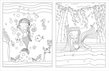 Fototapeta na wymiar Cartoon mermaid. underwater world. ocean inhabitants. Black and white vector illustration for coloring book 