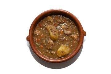 bowl with lentil stew, isolated on white background