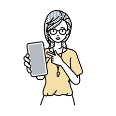 立ってスマートフォンを指差してこちらに向けて見せている教師の女性