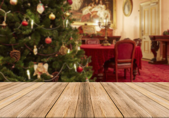 Wooden board empty table top on of blurred background. Christmas concept