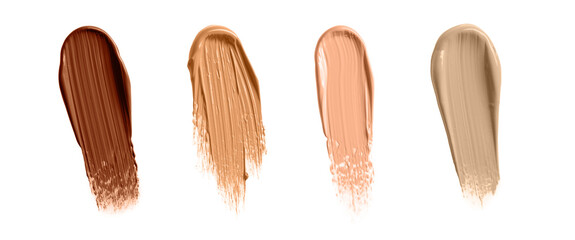 Set with different shades of liquid skin foundation on white background, top view. Banner design