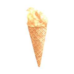 Watercolor ice cream in a waffle cone, isolated on white background. Hand-drawn illustration.