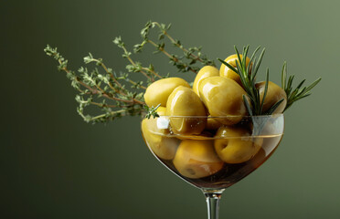 Green olives with rosemary and thyme.