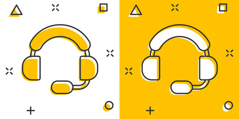 Helpdesk icon in comic style. Headphone cartoon vector illustration on white isolated background. Chat operator splash effect business concept.