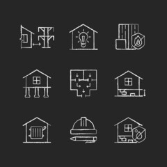 Building safety regulations chalk white icons set on dark background. Adequate housing. Resistance to fire. Electricity supply. Evacuation route. Isolated vector chalkboard illustrations on black