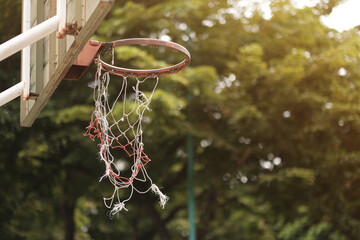 The old basketball backboard was damaged and abandoned in a beautiful public place.