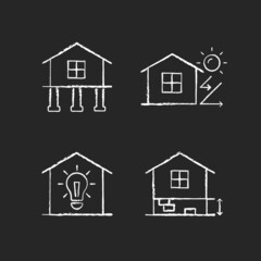 Residential building chalk white icons set on dark background. Pile foundation. Thermal insulation. Electricity supply. Adequate plinth height. Isolated vector chalkboard illustrations on black