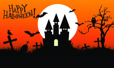 Halloween night background, pumpkins, bat, tree, moon and dark castle. Happy Halloween banner or party invitation background vector illustration.