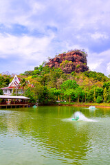 Fototapeta na wymiar Phu Thok or Chetiyakiri Temple Beautiful mountain with rocky cliffs in Bueng Kan Province, Thailand.