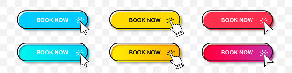 Book Now buttons collection with cursor pointer in two styles. Flat design and gradient with shadow. Set of digital web button on a transparent background