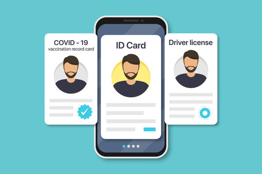 Man Digital Documents In Smartphone. COVID-19 Vaccination Record Card, ID Card, Driver License In A Flat Design. Vector Illustration