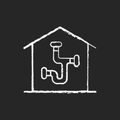 Plumbing system chalk white icon on dark background. Installing pipes and fixtures in house. Well-arranged piping network. Building regulations. Isolated vector chalkboard illustration on black