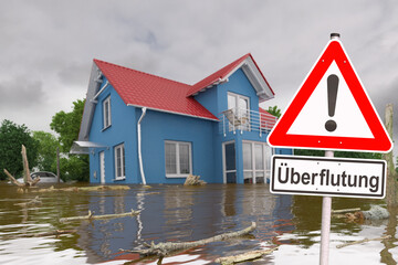 3d Illustation - Schild - Unwetter - Überflutung - Hochwasser - Überschwemmung - Haus - obrazy, fototapety, plakaty