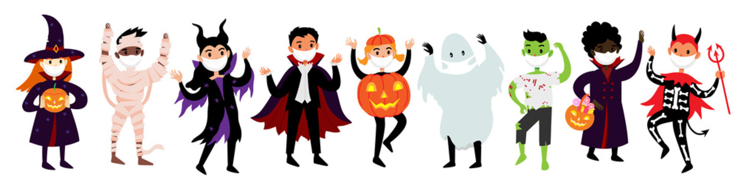 Halloween set of kids in costumes and medical protective masks from COVID-19. Vector diverse cute and funny characters dressed up in halloween clothes - mummy, zombie, witch, ghost, maleficent.
