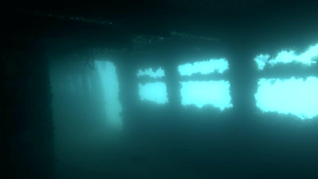 inside shipwreck Ledy Thetis. Wreck diving in Mediterranean sea, Limassol, Cyprus
