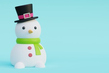 Snowman 3d with black hat, scarf and carrot, 3d render