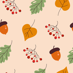 Seamless pattern with acorns, rowan and autumn leaves in brown-yellow, orange, beige. Suitable for wallpaper, gift paper, web page background, autumn greeting cards.