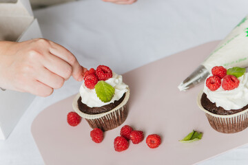 A woman prepares a cake with raspberries and white cream. Women's hands spread cream on a cupcake and decorate it with berries.