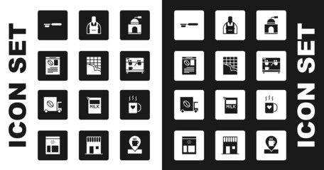 Set Manual coffee grinder, Chocolate bar, Newspaper and, Coffee filter holder, machine, Barista, cup heart and street truck icon. Vector