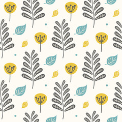 Seamless pattern with leaves. Colorful autumn background. Vector illustration in hand drawn style. Repeating texture. Modern ornament. Design cover, paper, wallpaper, fabric.