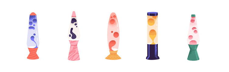 Set of lava lamps in different shapes and colors. Neon fluid melting bubbles in retro style. Hand drawn colorful vector illustrations. Lights for room aesthetic or decoration concept. Rainbow drops