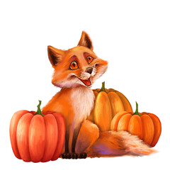 Cute orange fox and pumpkins. Isolated on white