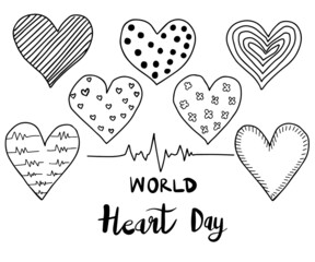 World heart day with heart shape doodle,line hand drawn,vector illustration.