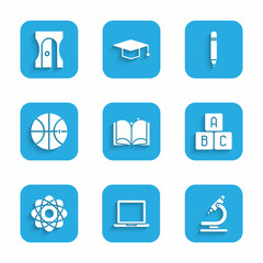 Set Open book, Laptop, Microscope, ABC blocks, Atom, Basketball ball, Pencil with eraser and sharpener icon. Vector