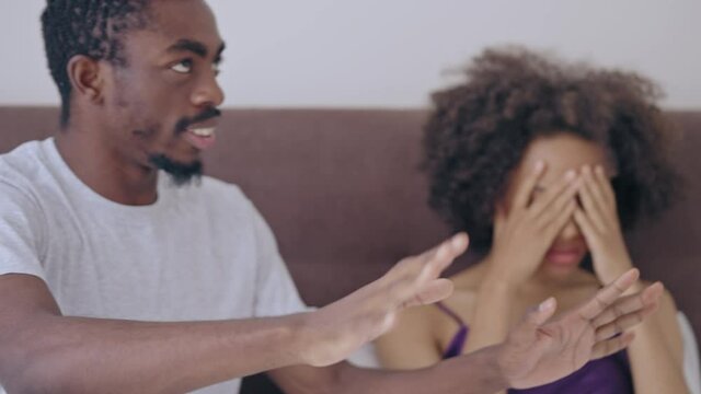 Couple of lovers caught by wife in bed, love affair, spouse cheating, infidelity