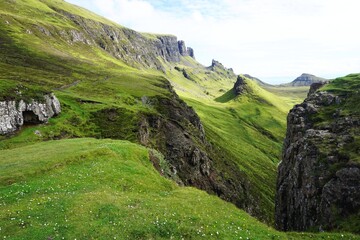Scenic panoramic view of grassy mountains on the Isle of Skye, United Kingdom
