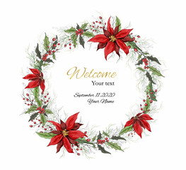 a wreath of winter flowers (poinsettia, white mistletoe, holly) isolated on a white background. realistic of bouquets, leaves, hand-drawn. for seasonal postcard, print,  holiday. art vintage style