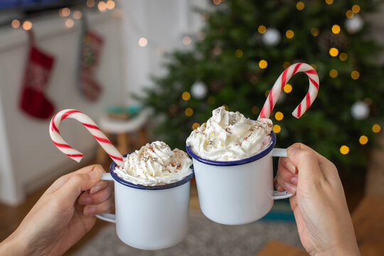 Christmas, Mugs Of Egg Nog With Whipped Cream And Candy Canes.