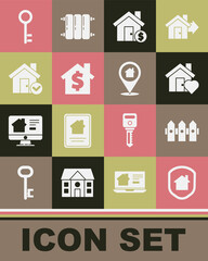 Set House under protection, Garden fence wooden, with heart shape, dollar symbol, check mark, key and Location house icon. Vector