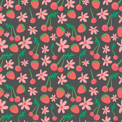 Fototapeta premium Summer seamless pattern with fruits, berries and blossom. Sweet cartoon background for textile, fabric, decorative paper. Vector