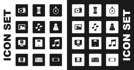 Set Stopwatch, Music note, tone, Postal stamp, Photo camera, Badminton shuttlecock, Sewing thread spool, and Online play video icon. Vector