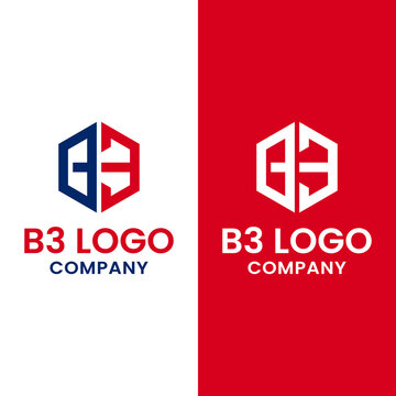 Monogram Letter Initial B3 Hexagon in Red Blue Color Logo Design Template. Suitable for General Construction Realty Business Company Corporate Logo Design.