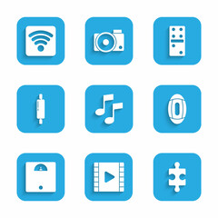 Set Music note, tone, Play Video, Piece of puzzle, American Football ball, Bathroom scales, Rolling pin, Domino and Wi-Fi wireless internet network icon. Vector