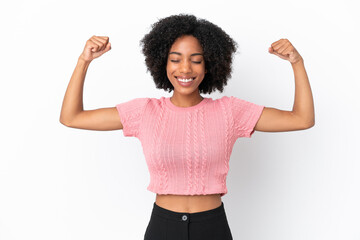 Young African American woman isolated on white background doing strong gesture