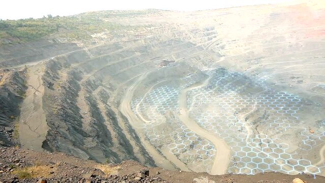 Visualization of the concept of modern coal mining. Panorama of a large quarry. Iron ore mining visualization. Modern technologies in coal mining.