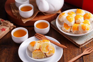 Sweet Filling with Salted Egg and Hot Tea, Asian Mid-Autumn Festival