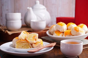 Sweet Filling with Salted Egg and Hot Tea, Asian Mid-Autumn Festival