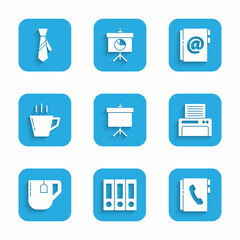 Set Chalkboard with diagram, Office folders, Address book, Printer, Cup of tea tea bag, Coffee cup, and Tie icon. Vector