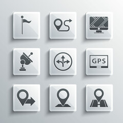 Set Location, Gps device with map, Road traffic sign, Radar, marker and Monitor location icon. Vector