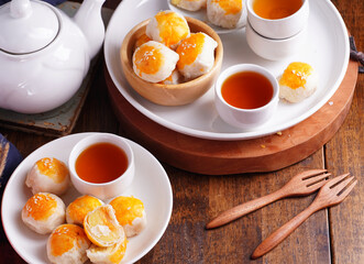Sweet Filling with Salted Egg and Hot Tea, Asian Mid-Autumn Festival