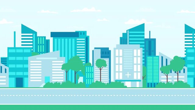 city skyline landscape view and road, town buildings and skyscrapers, urban cityscape town. Architecture silhouette of downtown. panoramic sight, day time. looped animation with 2d parallax effect