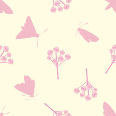Butterfly floral vector seamless pattern background. Backdrop with varied silhouettes of butterflies and flower stems. Duotone pink pastel yellow repeat.Flying bugs, plants design for wellness, baby.