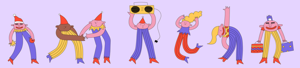 set of vector characters-christmas disco psychedelic.Bizarre are psychedelic men.New Year celebration.Carnival and festival crazy dancing.Retro decoration and funky style.Groovy vibrant collection