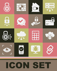Set Chain link, System bug on cloud, Credit card with lock, Smart home, Check mark speech bubble, Cyber security, Safe combination and Lock hand icon. Vector