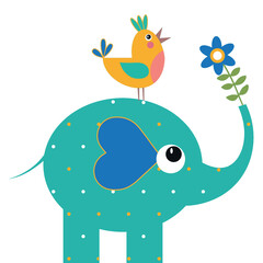 Elephant with bird nursery graphics clipart. Funny cartoon illustration with cute elephant and bird.